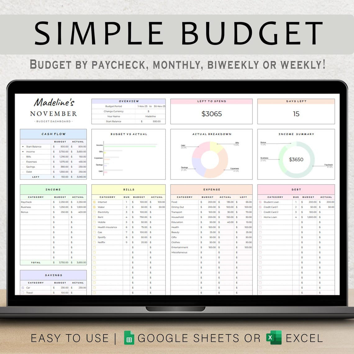 Simple Budget Planner – Google Sheets & Excel