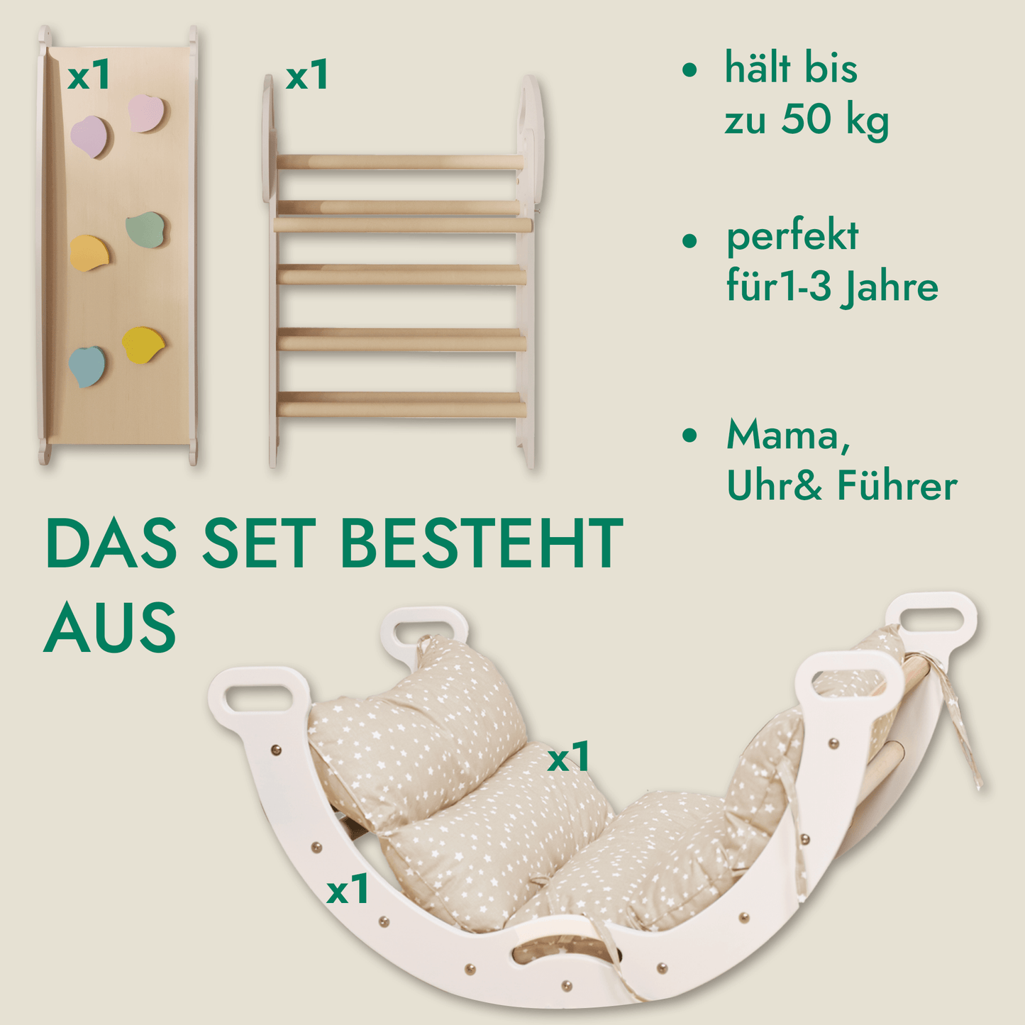 Montessori 4in1 Kletterdreieck für Babys: Pikler-Dreieck, Kletterbogen, Rutschbrett und Kissen für Kleinkinder (1–3 Jahre)